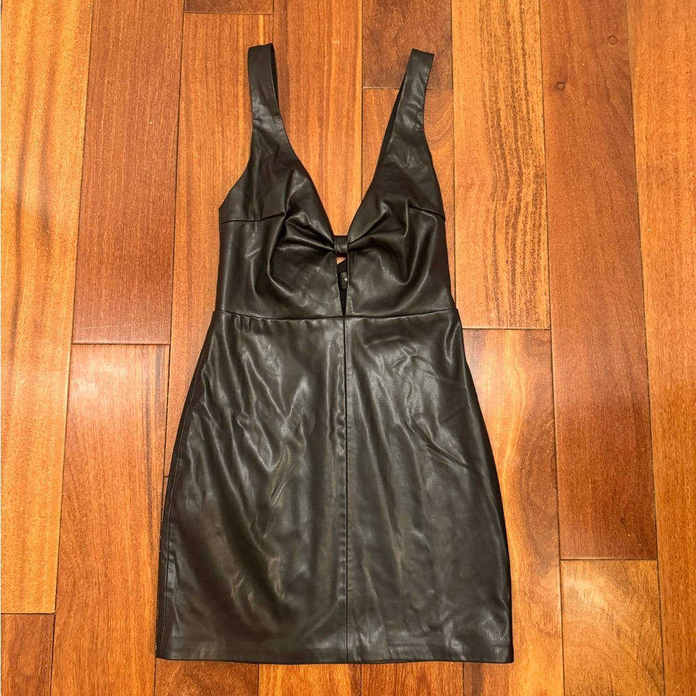 White Fox Faux Leather Mini Dress Black Bow Front NWT XS